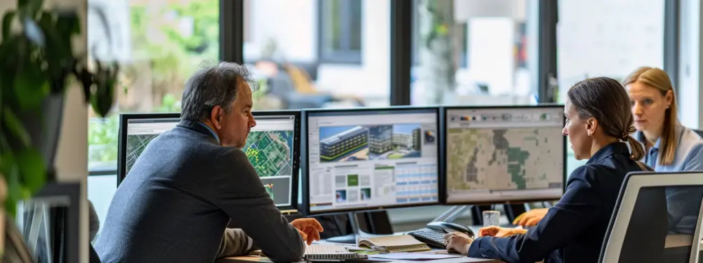 a group of professionals discussing real estate data on computer screens in a modern office setting.