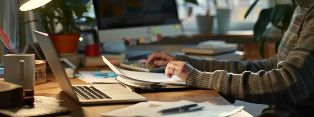 person reviewing financial documents at a desk with a calculator and laptop open.