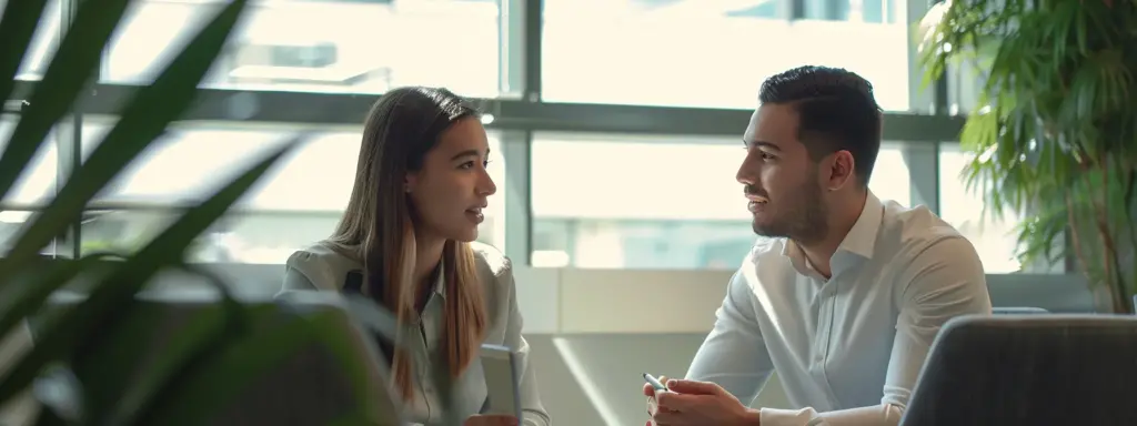 two people discussing credit repair services in a modern office setting.