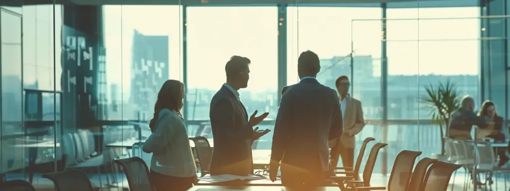 a group of professionals discussing financial strategies in a modern office setting.